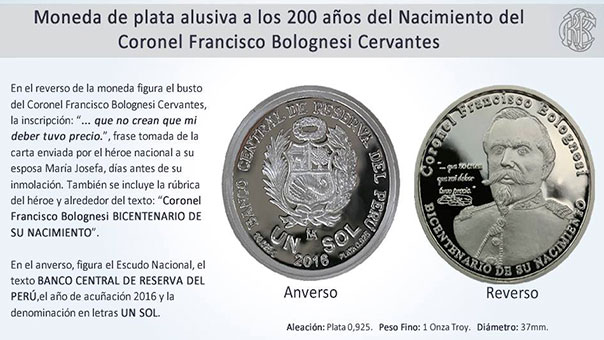BCR emite moneda de plata por los 200 años del nacimiento de Francisco Bolognesi